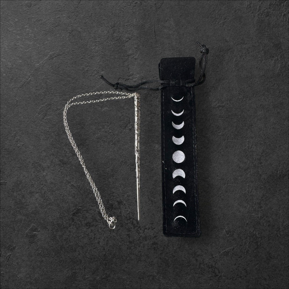 NEW 5" Silvertoned Witch Wand Necklace With Case Unique And RARE HTF